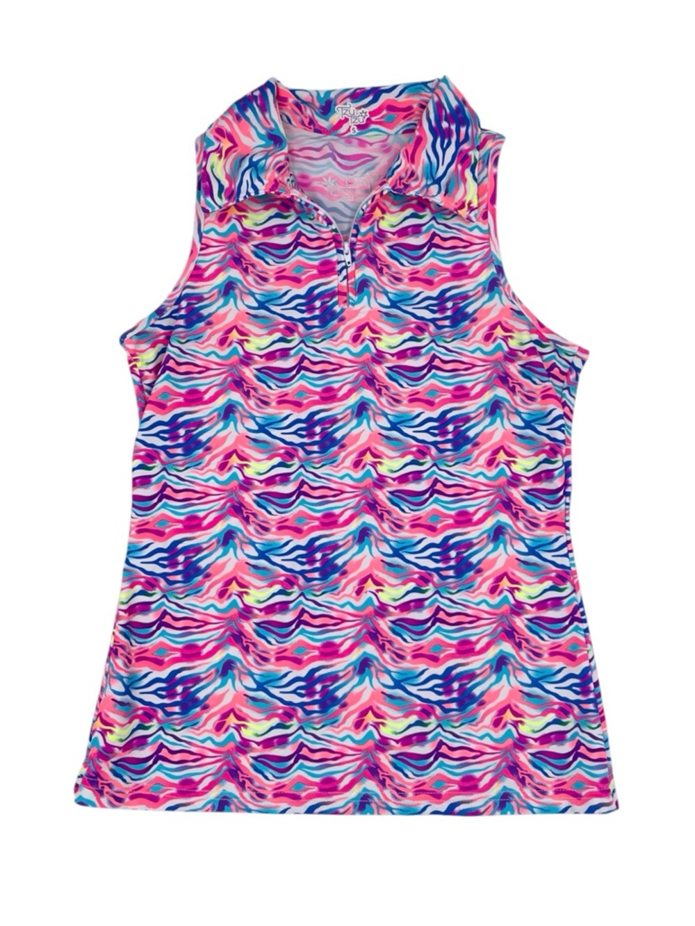 Tzu Tzu Allie Quarter Zip Polo Tank Top Size Small Neon Rainbow Zebra Print Golf
